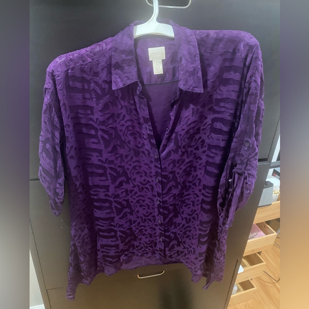 Chico's Silk Top Size Petite 0 Purple Artsy Flowy Boho Chic Quiet Luxury Burnout
